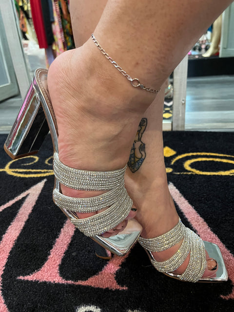 Rhinestone Metalic Block Heels