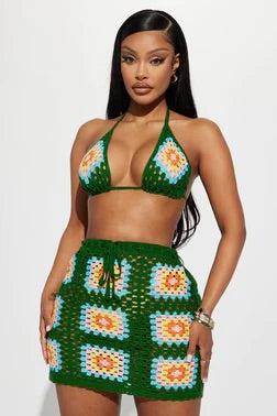 Green Flower Crochet Skirt Set