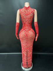 Red Diamond Maxi Dress With Gloves