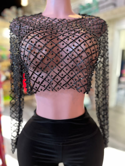 Sequin & Pearls Mesh Long Sleeve Top