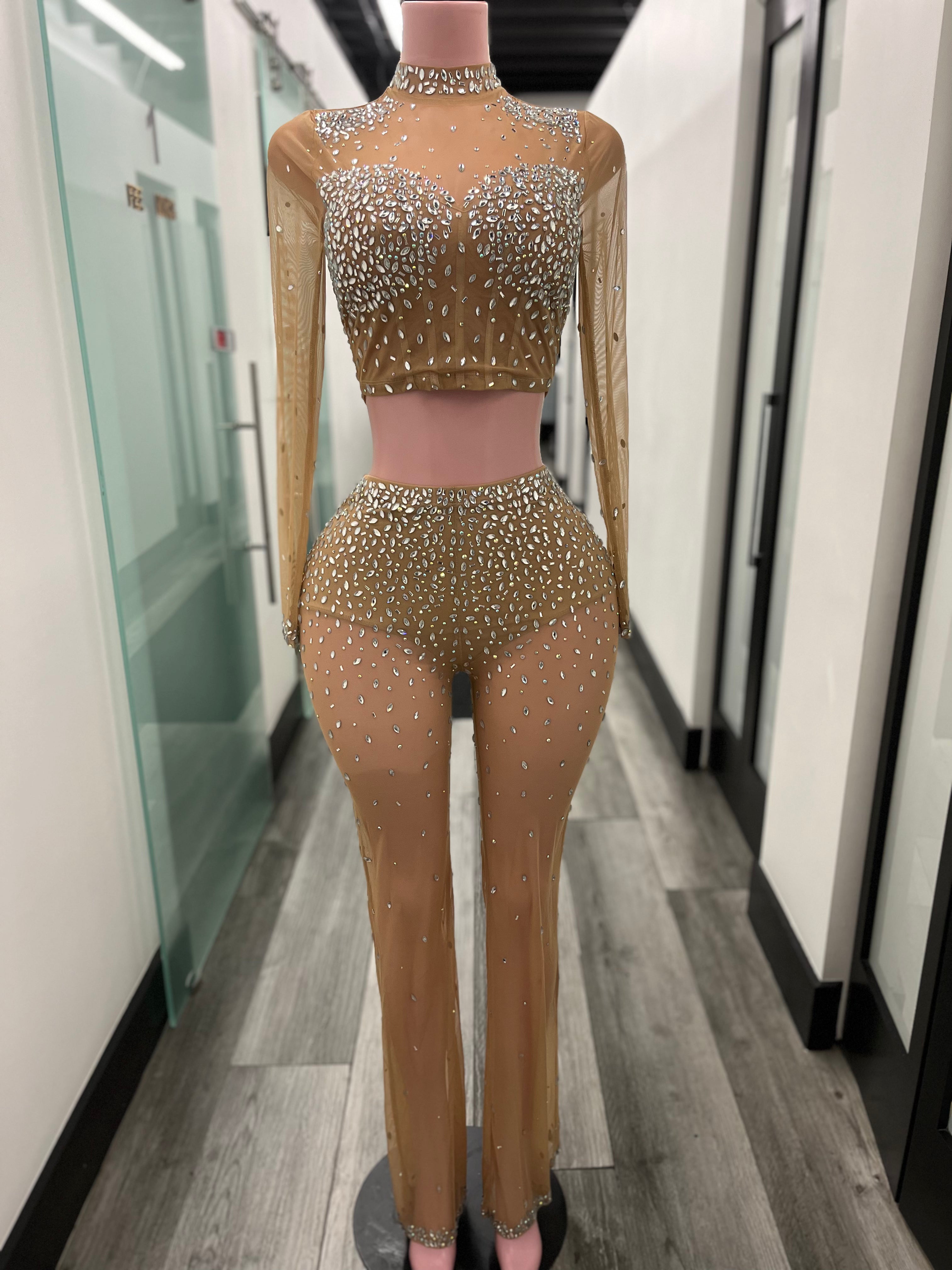 Tan Bling Out Mesh Pant Set