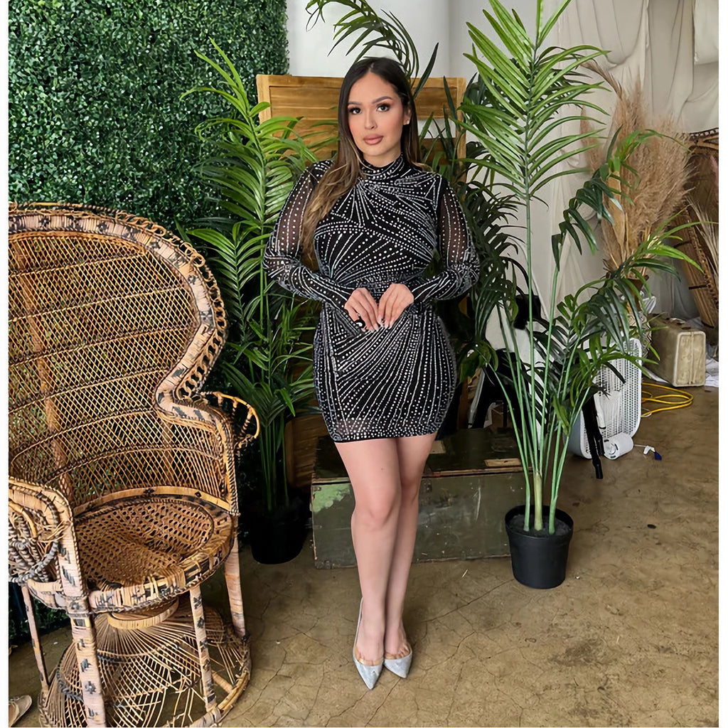 Long Sleeve Rhinestone Dress