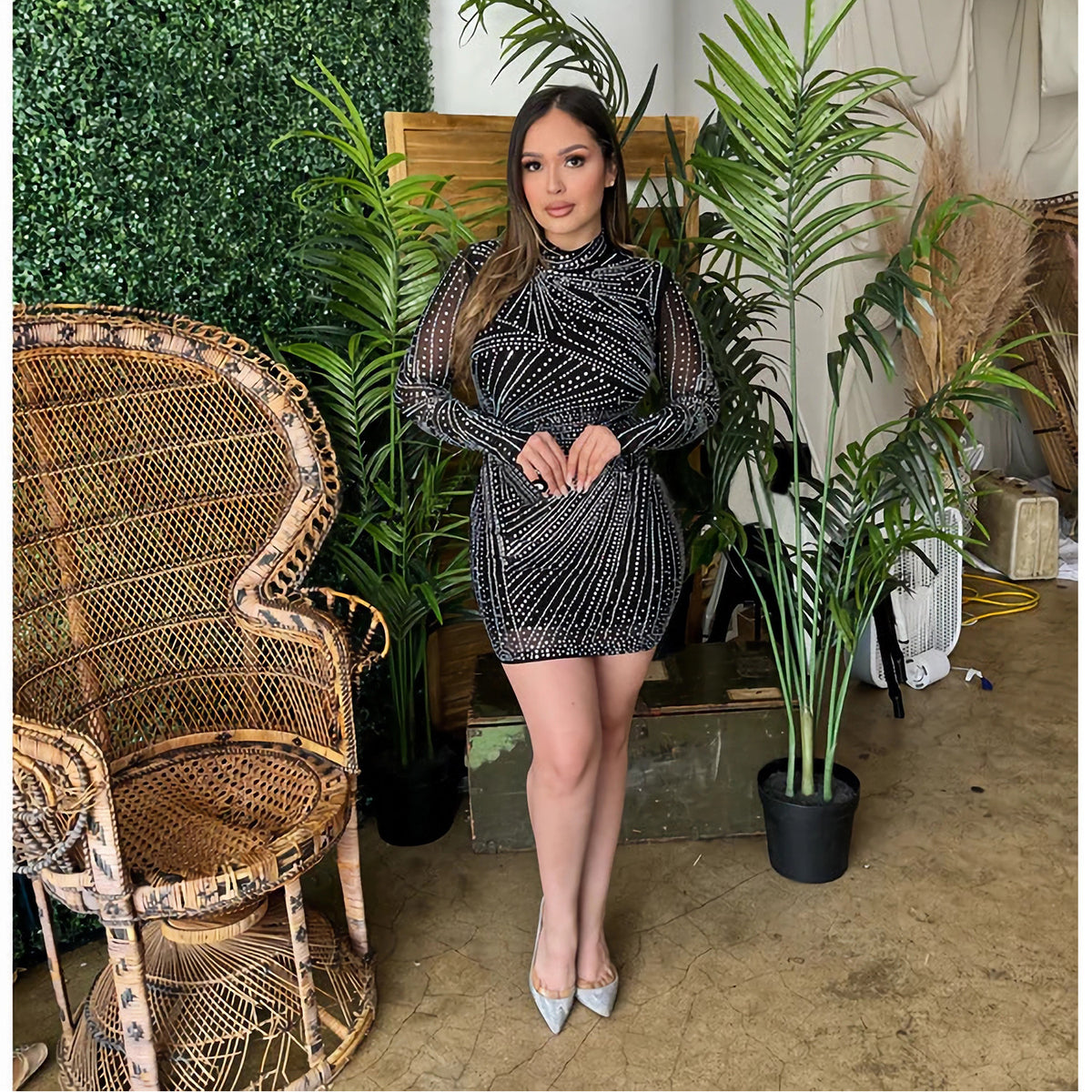 Long Sleeve Rhinestone Dress