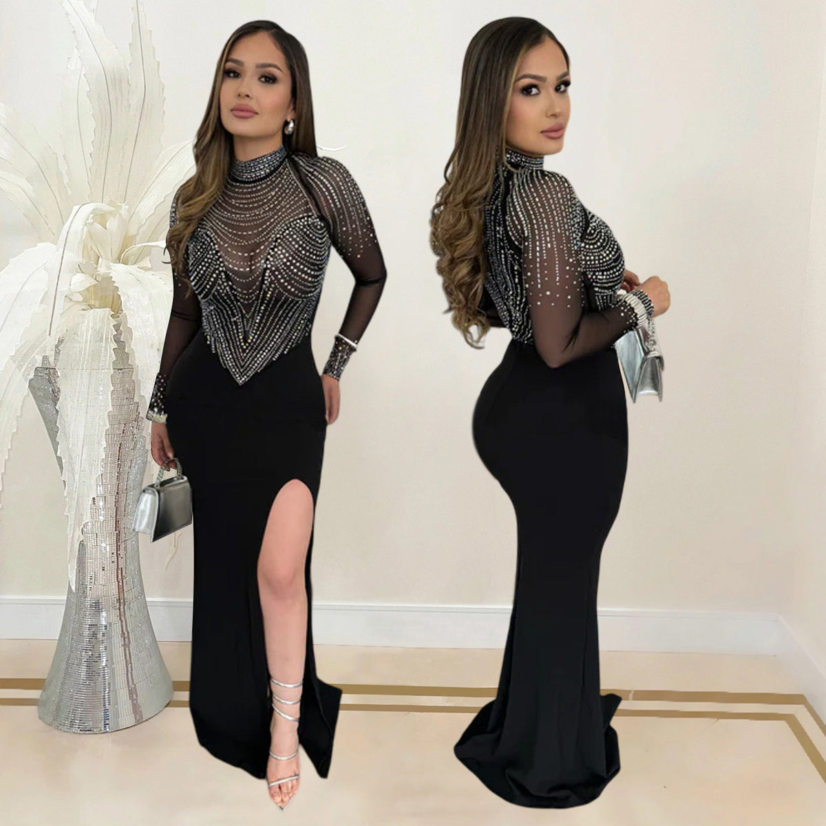 Long Sleeve Rhinestone Top Maxi Dress