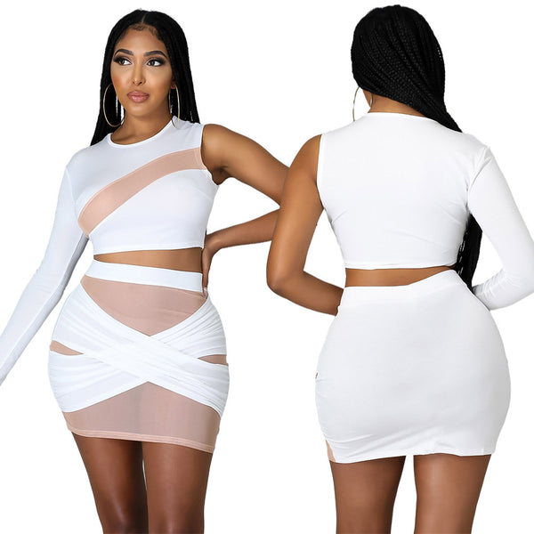 One Sleeve Mesh Skirt Set