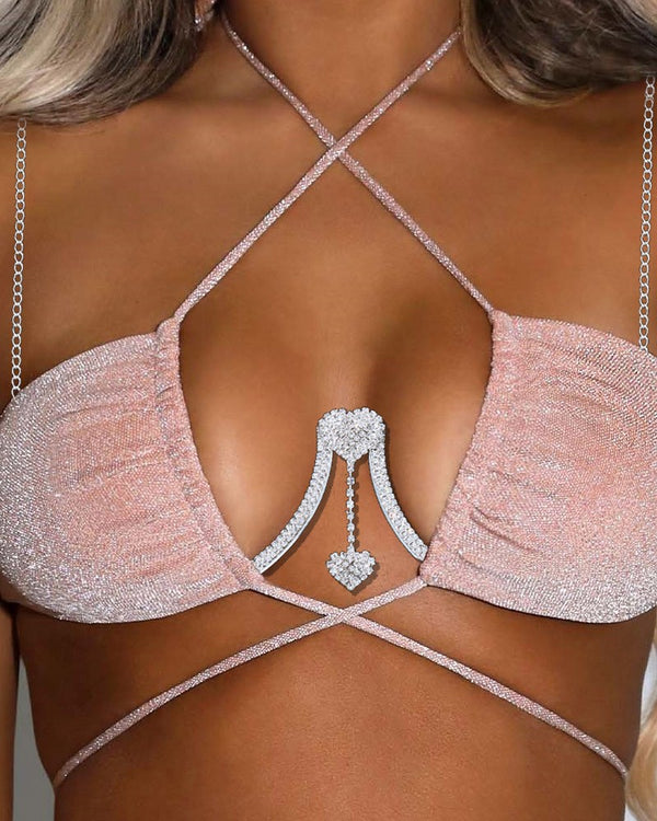 Rhinestone Heart Bra Body Chain