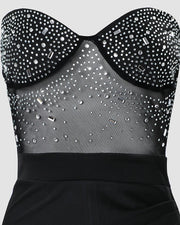High Slit Black Rhinestone Dress