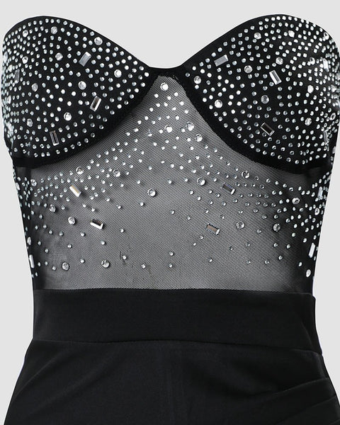 High Slit Black Rhinestone Dress